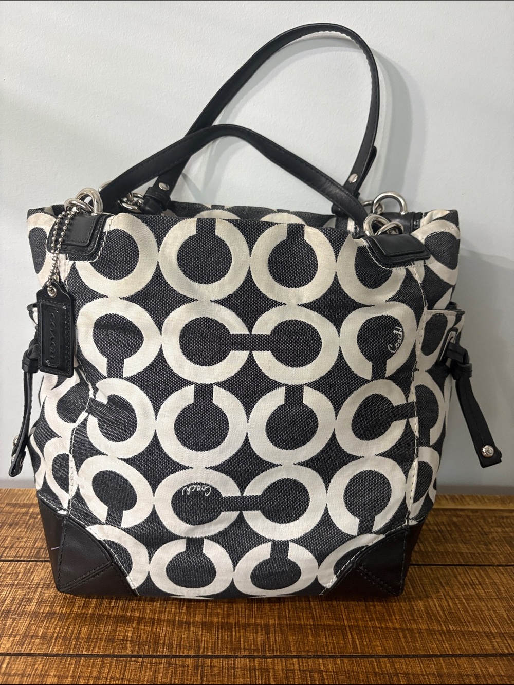Coach Black and White Signature Circle Canvas Tote with Leather Trim